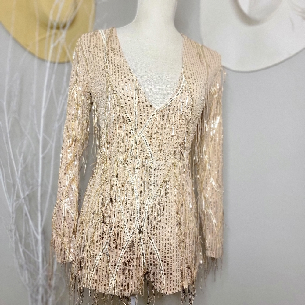 Miss Ord Deep V Neck Sequin Mesh Jumpsuit